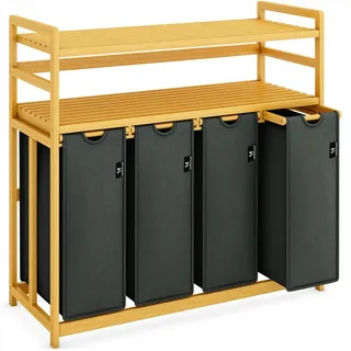 AdelDream Wäschekorb 200L Wäschesortierer mit Regalen 4 Fächer 2 Ablagen Wäschebox Bambus grau