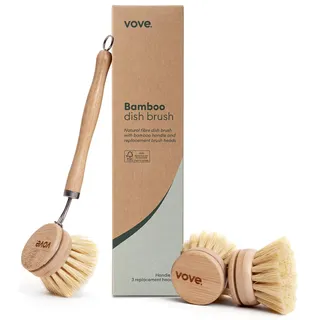 Vove Bambus-Spülbürste, FSC-Zertifiziert - mit 3 Ersatzköpfen - Naturfaser-Borsten, plastikfrei & schadstofffrei - für Töpfe, Pfannen & Geschirr