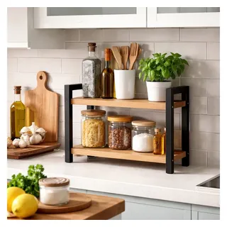 Jungengel Küchenorganizer-Set Gewürzregal Organizer Badregal Holz Metall Küchenregal Küchenablage, (Einzelartikel, Einzelregal bestehend aus Metallrahmen und zwei Ablageböden), Platzsparendes 2-stufiges Gewürzregal im modernen Industrie-Design braun