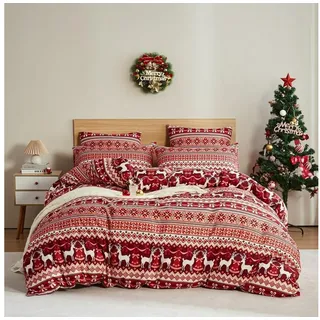 LuxusKollektion Bettwäsche Bettwäsche-Set 135x200cm Rot Weihnachts-Muster