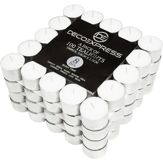 Deco Express Teelichter Multipack 200, 100, 50 oder 24 Stk - 10, 8 oder 4 Std Brenndauer – Bunte & Weiße Teelichter ohne Duft (Weiß, 100/8 Stunden)