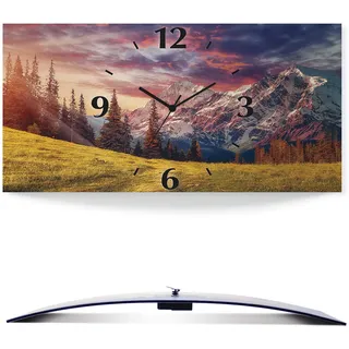 ARTLAND Wanddeko Wanduhr ohne Tickgeräusche Alu Funkuhr lautlos 60x30 cm Rechteckig Landschaft Sonnenuntergang Berge Alpen Natur Wald Gebirge U1RI