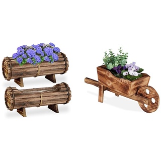 Relaxdays Blumenkasten Holz & Pflanzschubkarre, gebranntes Holz, Gartendeko, Vintage Design, zum Bepflanzen, HxBxT: 19 x 47 x 15 cm, Natur