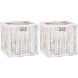 korb.outlet Set / 2 Regalkorb Weiss ca. 36x36x36 mit Holzrahmen Rattan Schubfach Box zur Aufbewahrung Schrankkorb Griff