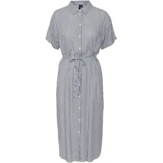 VERO MODA Damen Leichtes Kurzarm Kleid Midi Blusen Dress Locker mit Gürtel und Hemdkragen VMBUMPY, Farben:Weiß,Größe Damen:XL