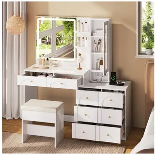 OKWISH Schminktisch mit LED-Spiegel (Ladestation und 8 Schubladen Weiß, 1-St., B131.5/D40/H140cm), Mit Kippsicherung weiß 131 cm x 140 cm x 40 cm