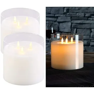 Britesta LED Kerze 3 flammig: 2er-Set LED-Echtwachs-Kerzen im Windglas mit 3 beweglichen Flammen (3 Docht Kerze, gross, Gläser)