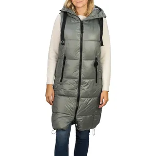 DENIMFY Steppweste Damen lang mit Kapuze Regular Fit DFCaro Weste Knielang Outdoor Reißverschluss Taschen Herbst Winter Beige Schwarz Grün S M L XL XXL - S