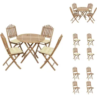 vidaXL 5-tlg. Garten-Essgruppe mit Kissen Klappbar Bambus - Gartenmöbel-Sets - Creme