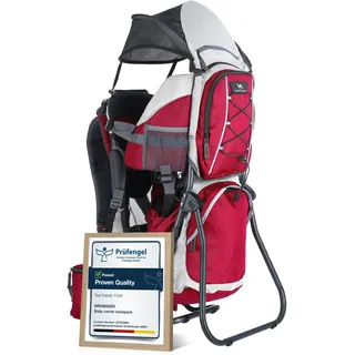 Dromader Kraxe Kindertrage bis 22kg - Baby Rückentrage Wandern mit Sonnendach Regenschutz - Babytrage Outdoor Trekking mit Thermotasche Wickelmatte - Einhändig klappbarer Aluminiumrahmen – Rot