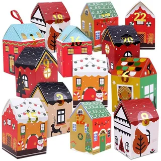 LuxusKollektion befüllbarer Adventskalender Adventskalender zum Befüllen Kinder, DIY Häuser Kisten Zahlenaufkleber bunt