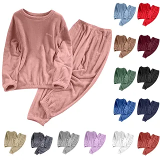 Hausanzug Damen Warm Kuschelanzug Fleece Schlafanzug Lang Elegant Pyjama Winter Plüsch Homewear Kuschelig Jogginganzug Trainingsanzug Loungewear Set Thermo Nachtwäsche Rundhals Sportanzug - L