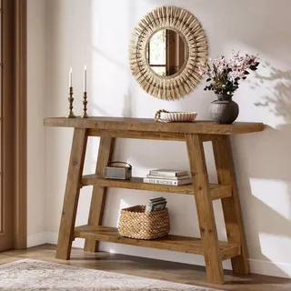 Massivholz-Konsolentisch, 120 cm langer Landhaus-Eingangstisch mit 3-stufigen Regalen, rechteckige Couchtische Akzenttische hinter dem Sofa - Braun