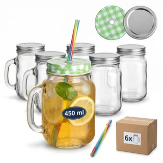 gouveo 6er Set Trinkglas 450 ml mit Henkel und Schraubdeckel (0,45 l) silberfarben + grün – Henkelglas mit Mehrweg-Trinkhalm aus Hartkunststoff für Garten, Bowle, Cocktails (TGH450SGR)