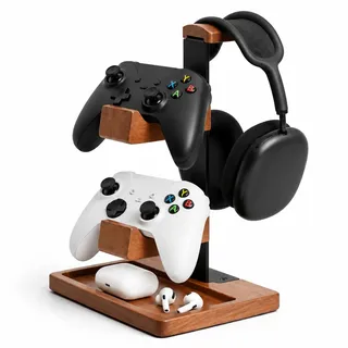 Yiomxhi Controller Halter und Kopfhörer Ständer aus Holz, Tisch Headset Halterung mit Aufbewahrungsbasis, Universal Kopfhörerständer Gaming Zubehör