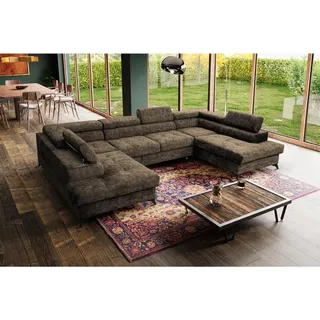 U-Form Polsterecke Sorento U 345 cm XXL Ecksofa große Schlafecke mit Bettkasten Kopfstützen Wohnlandschaft, Stoff: sally 03 - hellbraun - Hellbraun