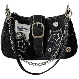 LYEAA Lässige Clutch für Damen, große Kapazität, Y2K Stern, Denim, Unterarmtasche, Retro-Knöpfe, einfarbig, schick, Hobo-Ketten-Tasche, Pink/Weiß/Blau/Schwarz, - 255.00x120.00x70.00mm/10.04x4.72x2.76inch