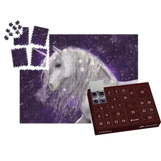 puzzleYOU: Puzzle-Adventskalender | „EIN wunderschönes weißes Einhorn mit silberner Mähne mit Schnee, Illustration“ – aus der Puzzle-Kollektion Einhorn, Einhörner, Tiere aus Fantasy & Urzeit