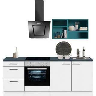 Küchenzeile OPTIFIT "Mini" Komplettküchen-Sets Gr. B/T: 210 cm x 60 cm, blau (küche: weiß, blau, anthrazit, korpus: arbeitsplatte: anthrazit) Küchenzeilen mit Elektrogeräte