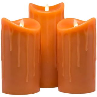 Tronje LED Echtwachskerzen 3er Set mit Timer - 18/18/23 cm Kerzen Orange Wachstropfen mit beweglicher Flamme