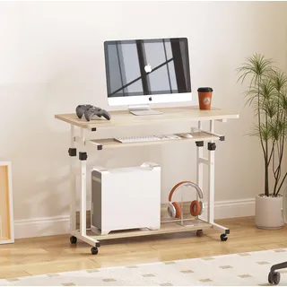 Dripex Schreibtisch höhenverstellbar, Computertisch mit Rollen, Schreibtisch klein auf Rollen, platzsparender Laptoptisch mit Tastaturauszug und Regal, PC Tisch klein für Home Office,Oak