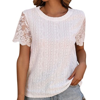 ZWY Hawaiihemd Elegante T-Shirts für Damen, weißes, mit Spitze besticktes Oberteil, (1-tlg., kurzärmeliges T-Shirt mit Rundhalsausschnitt) durchsichtiges Mesh-Oberteil L