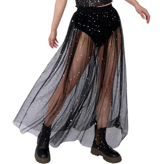 COSBERY Sexy 2 in 1 Transparent Mesh Rock, Schwarzer Festival Rock Damen, Tüllrock Glitzer Outfit für Streetwear und Clubwear, Musikfestivals Party Rave Outfit Damen - S