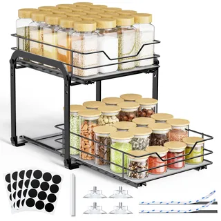 AHOMSEL 2 Etagen Gewürzregal Ausziehbar, Höhenverstellbar Küchenschrank Organizer, Gewürzregal Stehend, Ausziehbares Gewürz Regal mit Aufkleber für Schrank Küche Arbeitsplatte, L26.4*B23*H23cm