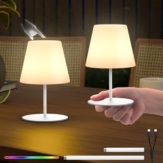 RWWR 2 Stück Tischlampe kabellos LED Akku Nachttischlampe Mini Kleine 8 Farben USB-C aufladbar Tischleuchte Outdoor Indoor – IP44 Wetterfest, 8-10h Akkulaufzeit, Höhenanpassung (Weiß)