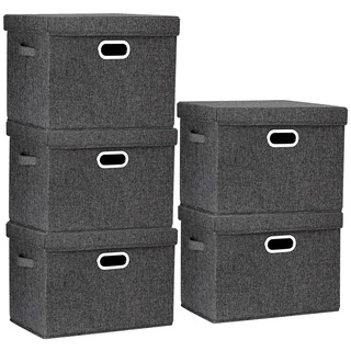 TYEERS Aufbewahrungsbox mit Deckel Groß, Stoff, Faltbare, Waschbare, Kisten Aufbewahrung mit Deckel, 44x30x29 cm, 5-Stück, Schwarz