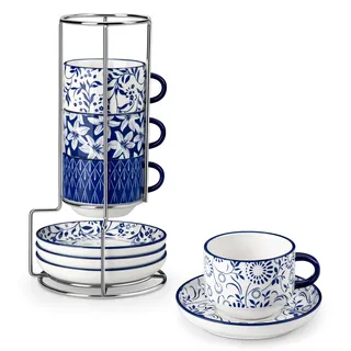vancasso SELENE 4-tlg. Espressotassen Set, 270 ml Groß Espresso Tassen Set mit Untertasse & Ständer, Stapelbar Dickwandig Kaffeetassen aus Porzellan für Cappuccino, Latte und Tee, Vintage blau-weiß