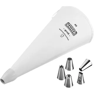 Original Kaiser La Forme Plus Spritzbeutel Set 7-teilig, Spritzbeutel wiederverwendbar groß mit Tüllen, Adapterund 5 Spritztüllen, kochfest, Schneidehilfslinie, Weiß /Silber
