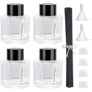 Agidea 4-teiliges Glas-Diffusor-Fläschchen, leere Diffusorgläser mit schwarzen Kappen und Stäbchen, 50 ml, Duftzubehör, Verwendung für selbstgemachte ätherische Öle, Raumduft