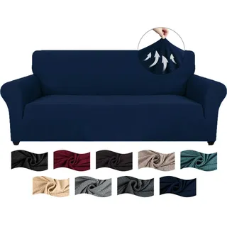 Elastischer Sofabezug 3 Sitzer Dunkelblau, Jacquard Sofahusse Mit Armlehnen, Rutschfest & Waschbar