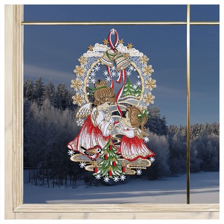 Winter-Fensterbild Engelchen mit Weihnachtsbaum Plauener Spitze Advents-Dekoration 30 x 18 cm