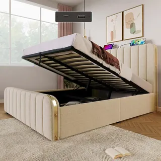 Polsterbett Doppeltes, Kopfteil mit goldenen Zierstreifen und ,USB Typ-C 140 x 200 cm, Hydraulisches Lagerbett,Ohne Matratze - Beige