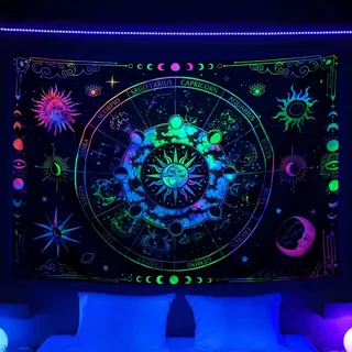 Sternzeichen-Astrologie-Schwarzlicht-Wandteppich, UV-reaktiv, Sternbild, Sonne und Mond, Sterne, Schwarzlicht, Kunstposter für Herren, Schlafzimmer, psychedelisch, leuchtet im Dunkeln, Decke