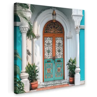 OnlyWow© Gartenbild 60x60 cm Outdoor Leinwand Terrasse Decoration Wanddeko Gartendeko Wetterfest Geschenk Wanddekoration Draußen Säulen - Dekorativ - Tür - Blau