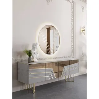 Moderner Silber Sideboard Rundspiegel LED Beleuchtung Designer 2tlg Set