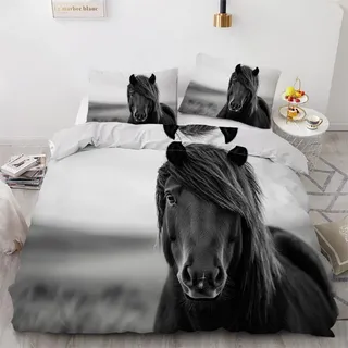 PUOJIEAT Bettwäsche 135x200 Pferd Weich Mikrofaser Bettwäsche-Sets Wende-Rappe Bettbezug mit 1 x Kissenbezug 80x80 cm 3D Bettzeug Set e.9559