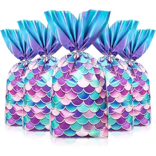 50 Stück Meerjungfrau Zellophan Süßigkeitenbeutel Meerjungfrau Partytüten Dekorationen Goody Bags für Mädchen Partyzubehör Hochzeitsdekorationen Fischschwanz Zellophanbeutel für Meerjungfrau Party