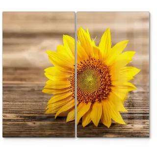 DEQORI Herdblende-/Abdeckplatte 'Sonnenblume auf Holz', Glas, (2 tlg), Herdabdeckplatte Ceranfeld Herd Platte Abdeckung Glasplatte braun|gelb