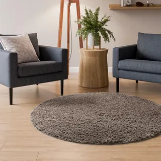 Interiyou Hochflor Teppich Sofia - 250x250 cm Rund Taupe - flauschig und einfarbig - waschbar und rutschfest - weicher Langflor