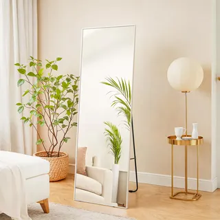 CUCZUUS Bodenspiegel in voller Länge, 142 x 45 cm, mit Ständer, gehärtetes Glas, großer Spiegel, Aluminiumrahmen, Wandmontage, hängend/stehend, Langer Spiegel, Schlafzimmer (weiß-rechteckig)