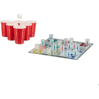 Relaxdays 3 teiliges Trinkspiel Set XXL für Erwachsene, Drinking Ludo, Trink-Roulette, Beer Pong Becher rot, Partyspiel, Saufspiel, ab 18