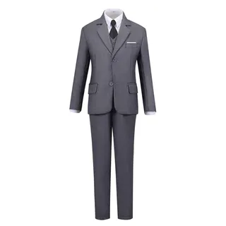 Hubbmx Addneo Jungen Slim Fit Formale Anzüge 5-teilig mit Hemd und Weste, Grau, 5 Stück (Schwarze Krawatte) - 140