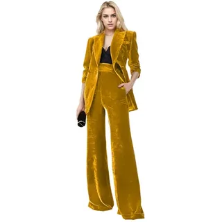 Botong 2-teiliger Samtanzug für Damen, Büro-Arbeitsanzug, Revers, zweireihig, Blazer, Hose, Business-Anzug-Set, gelb, Klein - S