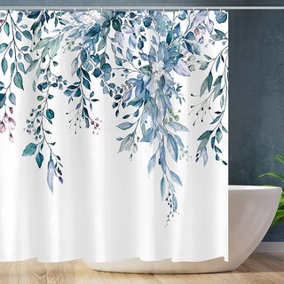 Tititex Duschvorhang, blaue Eukalyptusblätter, Aquarellblätter auf der Oberseite, Pflanze mit Blumenmuster, Badezimmer-Dekoration, Duschvorhang-Set, 183 x 183 cm, mit Haken