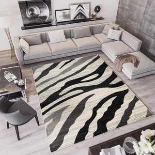 TAPISO Qmega Teppich Kurzflor Meliert Grau Creme Schwarz Zebra Streifen Muster Designer Modern Wohnzimmer Schlafzimmer ÖKO-TEX 180 x 250 cm