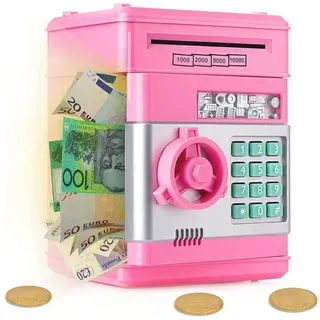 Fyrove Spardose Spardose Kinder,Elektronisches Spardose Safe für Kinder Tresor, (Geldbank mit Passwort, Coole Mini-Geldautomaten-Sparschwein, Münzdose, Auto-Scroll-Geldsafe, tolles Geburtstagsgeschenk für Mädchen and Junge) rosa